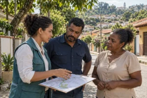 Imagem ilustrativa de profissionais e moradores conversando sobre um mapa em um bairro brasileiro